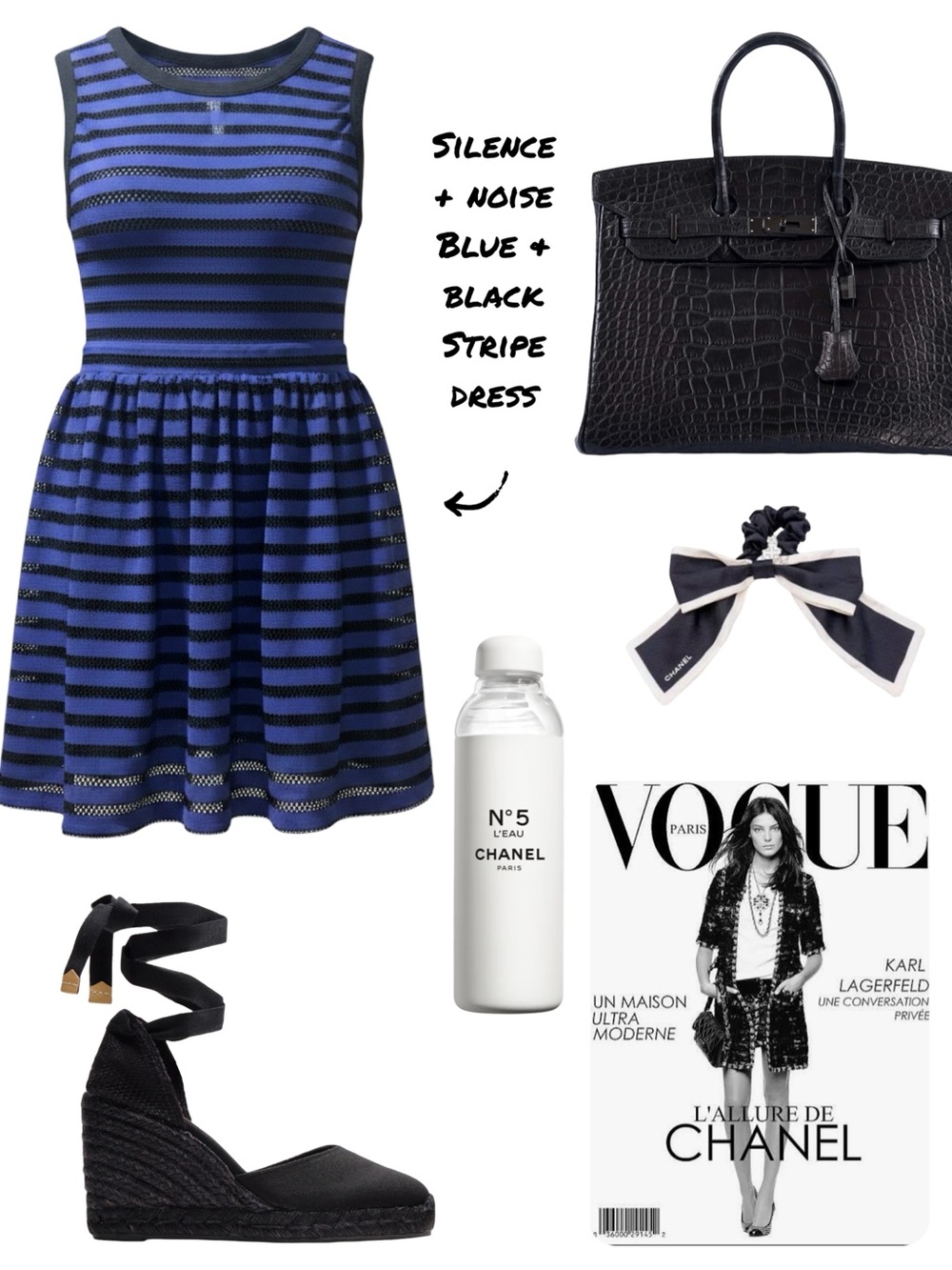 silence + noise Blue and Black Striped Sleeveless Skater Dress
